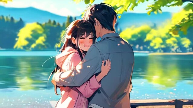 Happy anime girl hugs with guy in sunny park on shore of mountain lake.