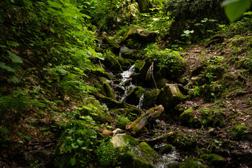 Beautiful mountain landscape in early spring. Small river with a waterfall.