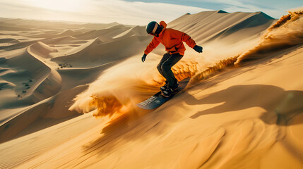 A sandboarder carving down towering dunes in a desert landscape. Epic shot.