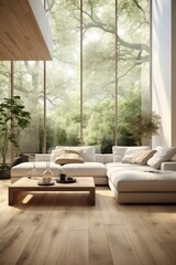 A modern living room with a large glass window looking out onto a forest