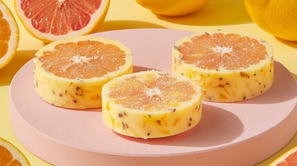 Three slices of orange-flavored cheesecake on a pink plate