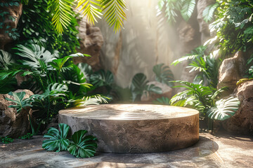 A stone podium in a tropical jungle with sunlight and smoke. Created with Ai