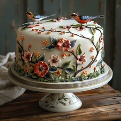 A cake decorated with flowers and birds
