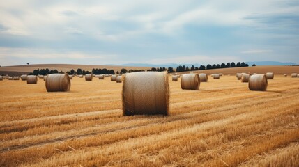 Field of hay bales under cloudy sky