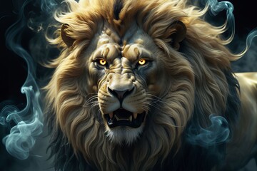 Naklejka premium portrait of a lion in the dark content created with generative AI software