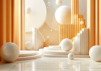 3D rendering of an abstract background with podiums and spheres