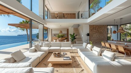 Modern luxury villa living room with amazing sea view