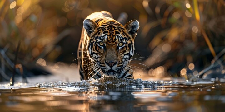 A tiger is walking in the water