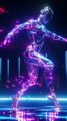 Experience the ballet of the future with a breathtaking holographic performance featuring graceful dancers in sleek cyberpunk attire under neon lights