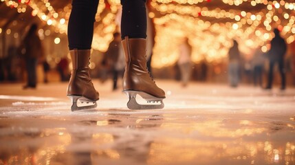 Fototapeta premium ice skating at christmas market with blurred lights in background