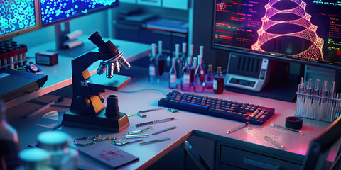 Close-up of a geneticist's desk with DNA samples and gene sequencing equipment, representing a job in genetics