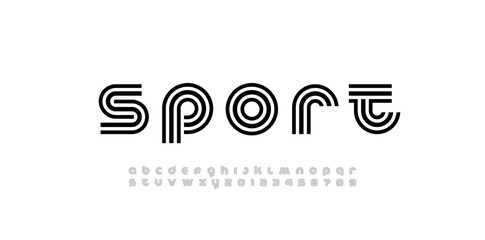Modern stylized striped font, minimalistic trendy alphabet made linear style, black graphic futuristic letters and numerals, vector illustration 10EPS