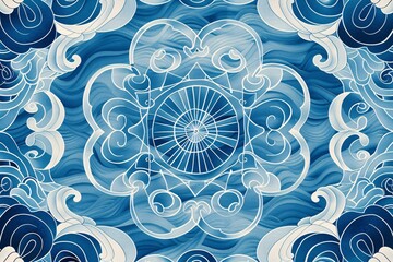 A clean and harmonious seamless background pattern featuring an Oriental geometric texture with waves and curvy lines in a festive sky blue mandala design.