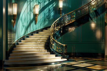 An art deco foyer with a curved staircase, the balustrades adorned with geometric patterns in gold...