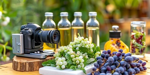 Black camera on tripod with green and purple grapes on table - obrazy, fototapety, plakaty