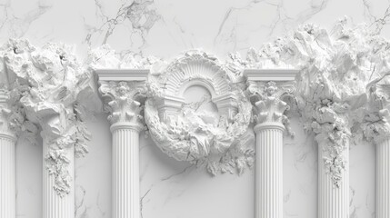 White marble wall with carved columns and floral elements - obrazy, fototapety, plakaty