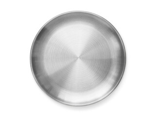 Top view of silver metal plate isolated on white background with clipping path. Empty steel round flat tray with shadow. Flat lay mock up template for food poster design.