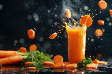 A glass of carrot juice is splashing out of a glass, with carrot slices scattered around it. The scene has a playful and fun mood