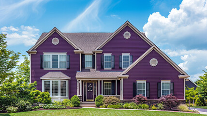 An elegant eggplant purple house with siding and shutters makes a sophisticated statement in the suburban landscape, its deep hue contrasting beautifully with the azure sky above on a sunny day.