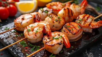 Shrimp skewers with herbs, garlic and lemon, Generative AI,