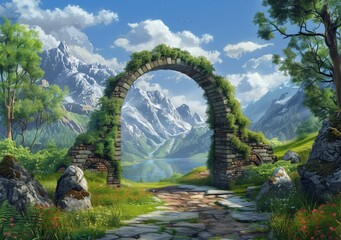 Stone archway in a fantasy landscape