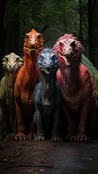 Four dinosaurs of different colors standing in a forest
