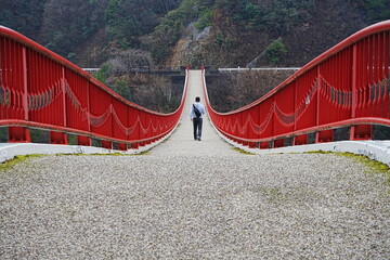 Man walking on Yume Tsuribashi, Red Suspension Bridge in Hiroshima, Japan - 日本 広島 夢吊橋...