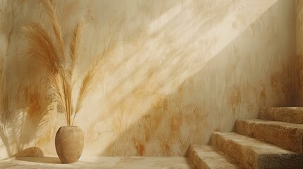 Minimalist interior with stairs and a vase of pampas grass