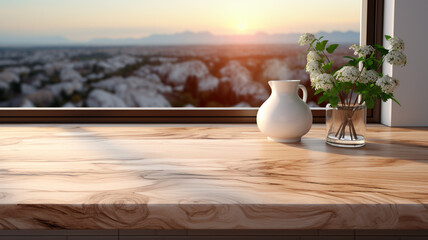 Wooden light empty table top in modern white ki