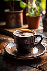 Black coffee in a simple ceramic mug, placed on an old wooden table with morning light streaming in