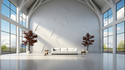 White open space office interior with blank wall with sofa