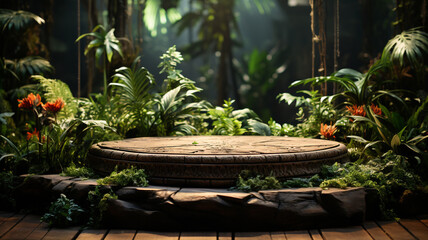 Wooden podium in tropical forest for product