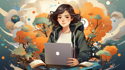 Young woman student study in the using laptop