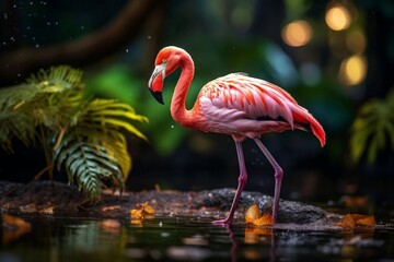 Fototapeta premium Bright pink flamingo standing elegantly in a shallow pond, surrounded by lush green foliage