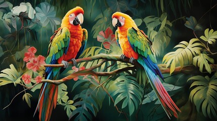 Bright green parrots perched playfully in a tropical tree, their vivid feathers contrasting with the deep green foliage