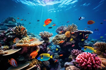 Fototapeta na wymiar Colorful coral reef underwater, teeming with life and vivid against the deep blue sea