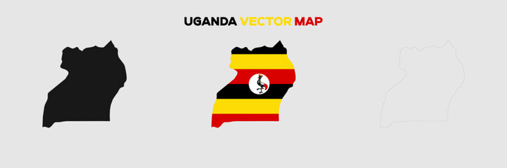 Uganda Map Vector Pack. Map with Flag. Gray Map Silhouette. Gray Outline Map. Editable EPS file. 
