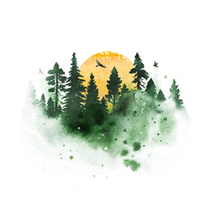 Vector landscape with coniferous forest, sun and birds  isolated on white dackground. Morning haze in the forest. Watercolor nature hand drawn illustration with splashes