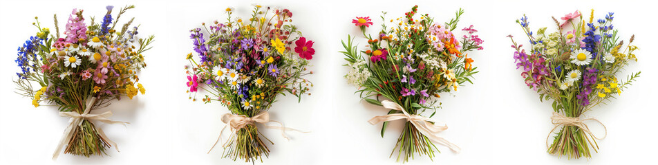 Close-up set of a beautiful bouquet of assorted wildflowers tied with a ribbon.