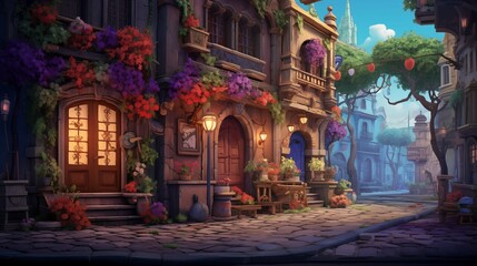 Twilight falls on flower-clad street 2D cartoon illustration. Tranquil medieval town flat image...