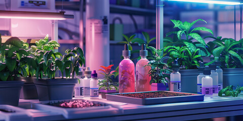 Close-up of a hydroponic farmer's workbench with nutrient solutions and plant samples, illustrating a job in hydroponic farming