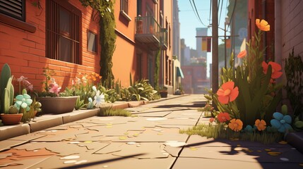 Sunlit urban alley lined with flowers lush plants 2D cartoon illustration. Flowering pots, warm sunlight flat image colorful scene horizontal. Brick buildings wallpaper background art