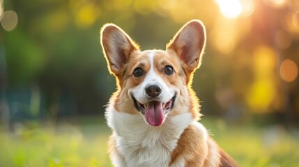 The cheerful face of a corgi framed by sunlight, radiating joy and warmth amidst a serene outdoor setting.