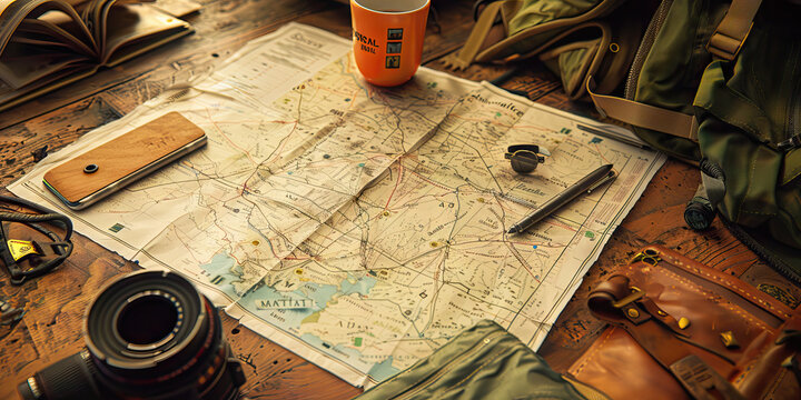 Close-up of a wilderness guide's desk with trail maps and survival gear, showcasing a job in outdoor adventure
