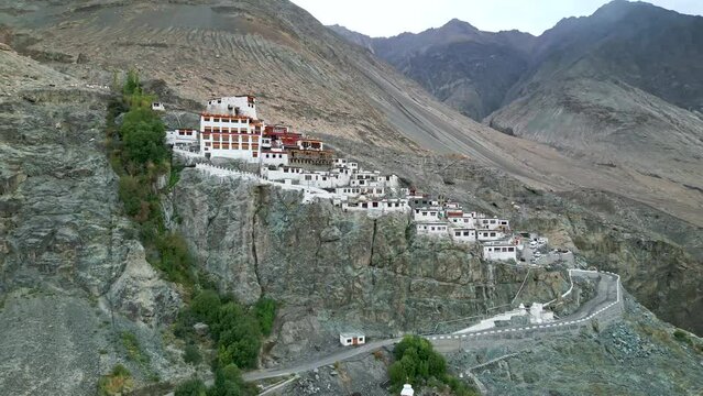 Diskit Monastery, Tibetan Monastery of Ladakh, Himalayas from drone, aerial view