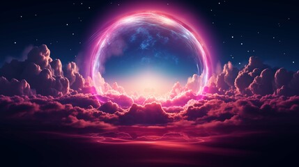 Luminous pink ring amidst starry night clouds illustration. Breathtaking cosmic. Futuristic fantasy wallpaper scene artwork. Surrealistic cloudscape background image digital art concept