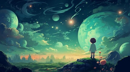 Child on hill overlooks dreamy cityscape at twilight 2D cartoon illustration. Giant planets, swirling clouds flat image colorful scene. Childhood imagination wallpaper background art