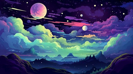 Meteor shower illuminate night over mountains 2D cartoon illustration. Large moon and swirling clouds flat image colorful scene horizontal. Starlit wonders wallpaper background art