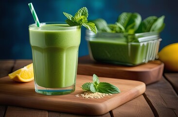 Green smoothie in the glass with lime and mint