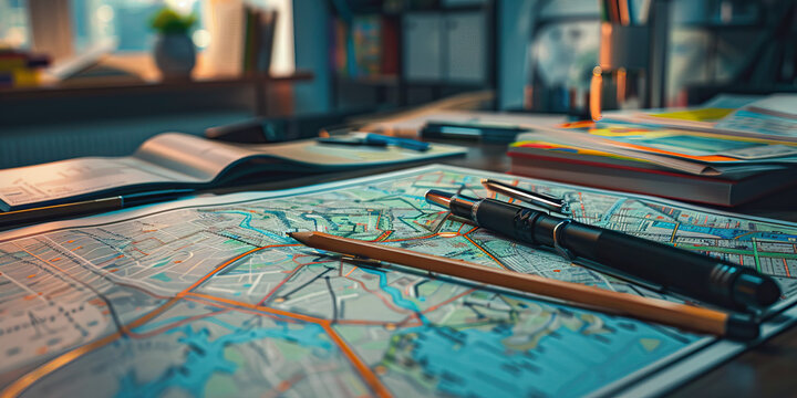 Close-up of a urban planner's desk with city maps and zoning documents, representing a job in urban planning